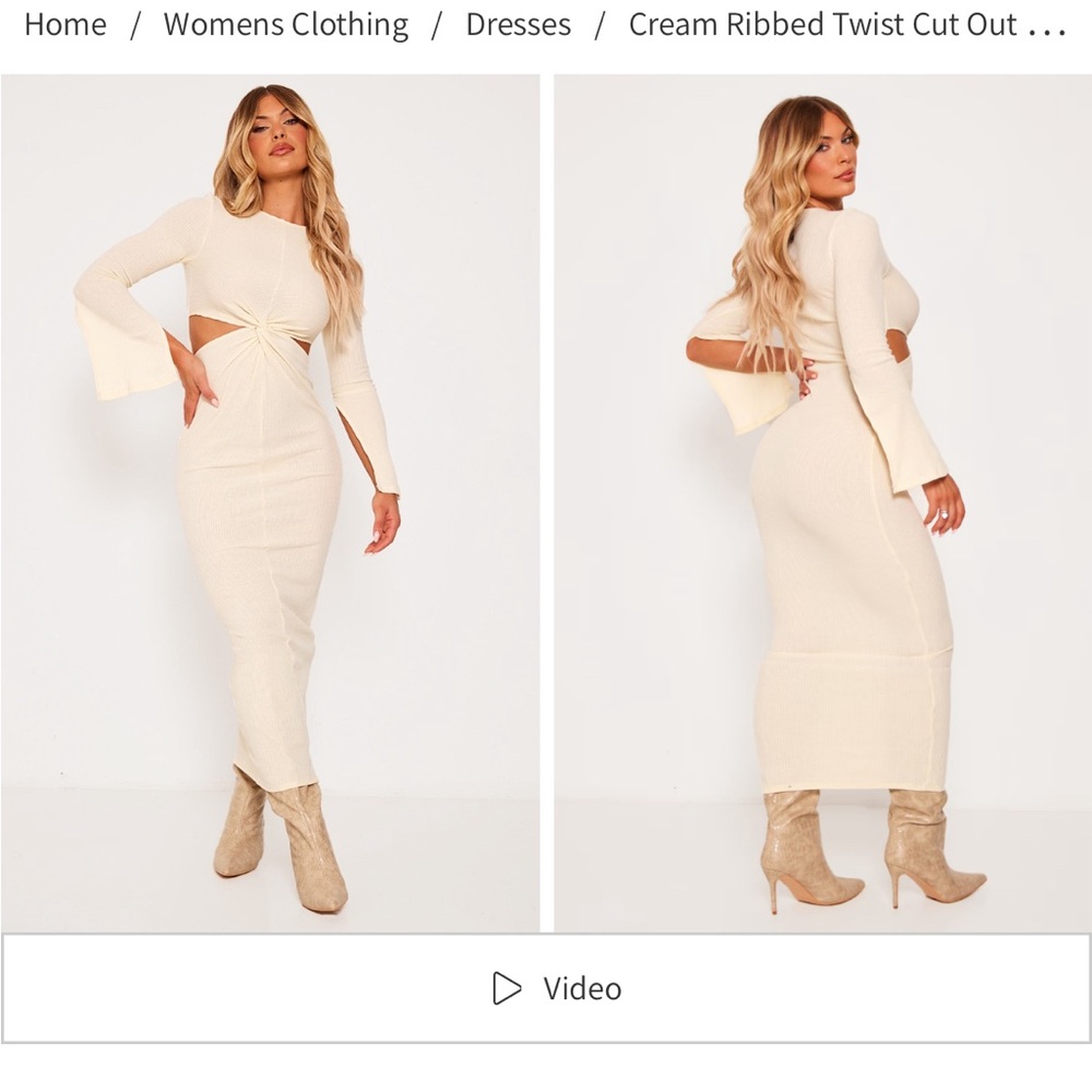 PrettyLittleThing- Waist Cut Out Cream Long-Sleeve Dress